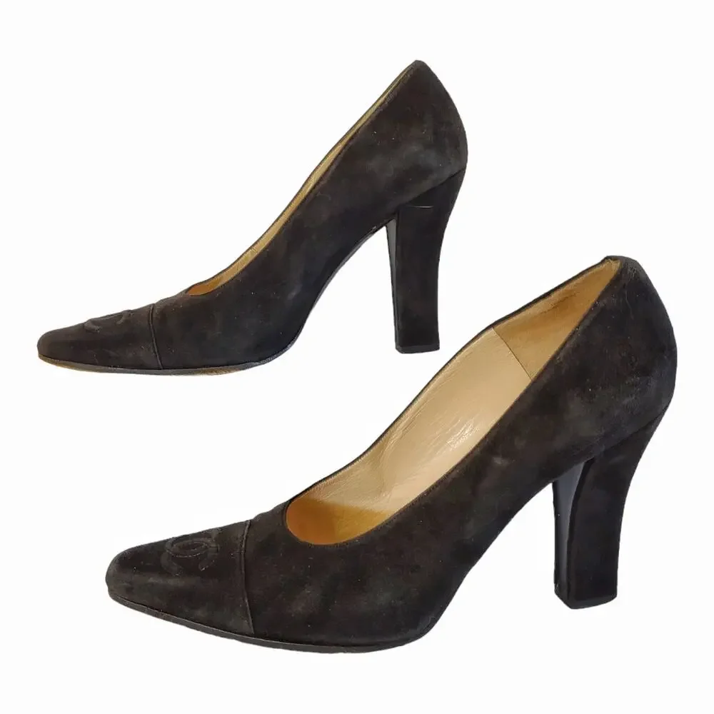CHANEL Black Suede High Heel Pumps US size 9 Squared Heel EU Size 39.5 Luxury